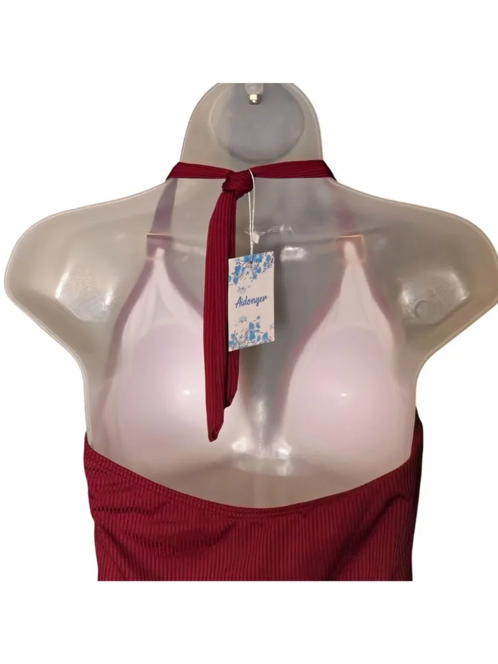 Burgundy One Piece Swimsuit XL Halter Gold Accents Ruched Tummy Control Lined - Picture 4 of 9